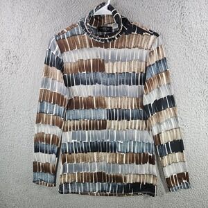 Made by Johnny Womens Turtleneck Top Abstract Brushstroke Blue Brown Size M